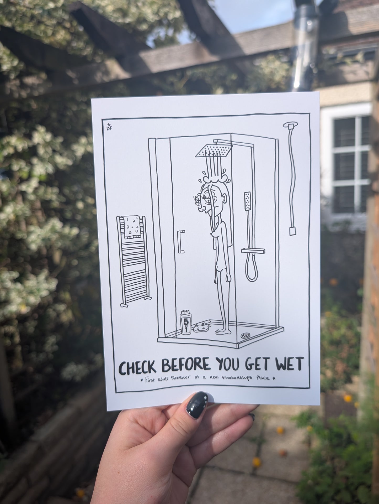 'Check before you get wet' print